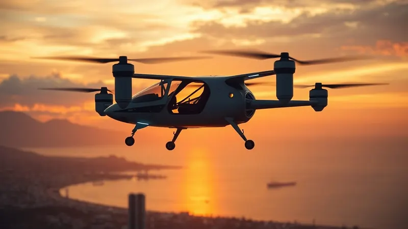 AI-generated illustration of a personal eVTOL over a coastline at sunset