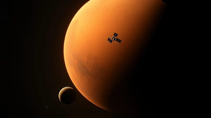 AI-generated illustration of Mars, a moon and a small probe