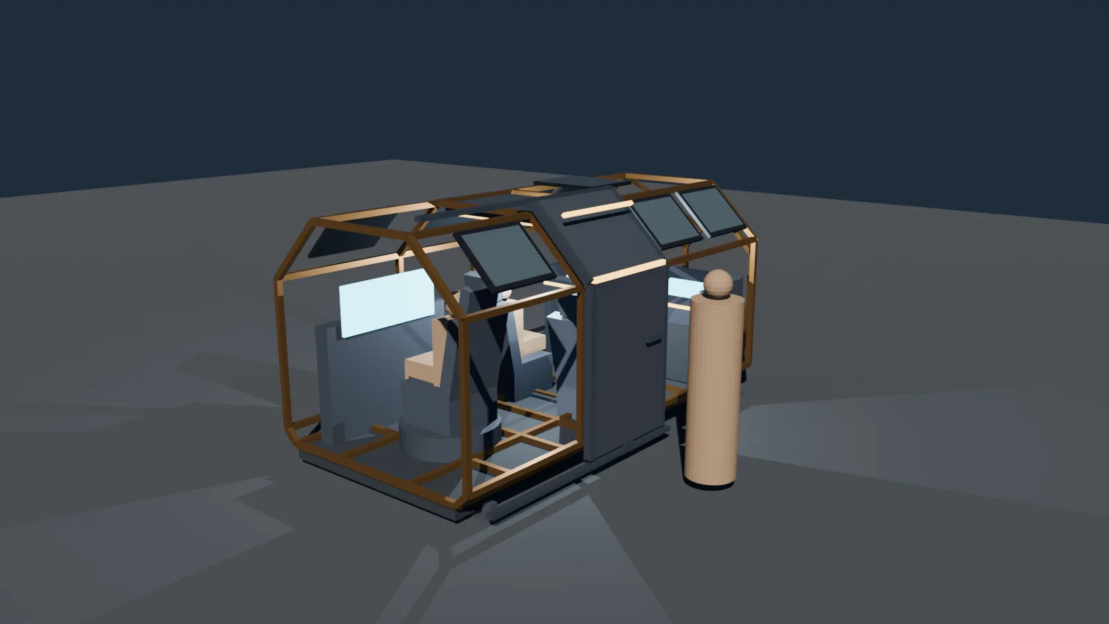 Blender view of the Physical ROC frame without skin: wood-colored octagonal ribs, seats, screens and side door visible inside