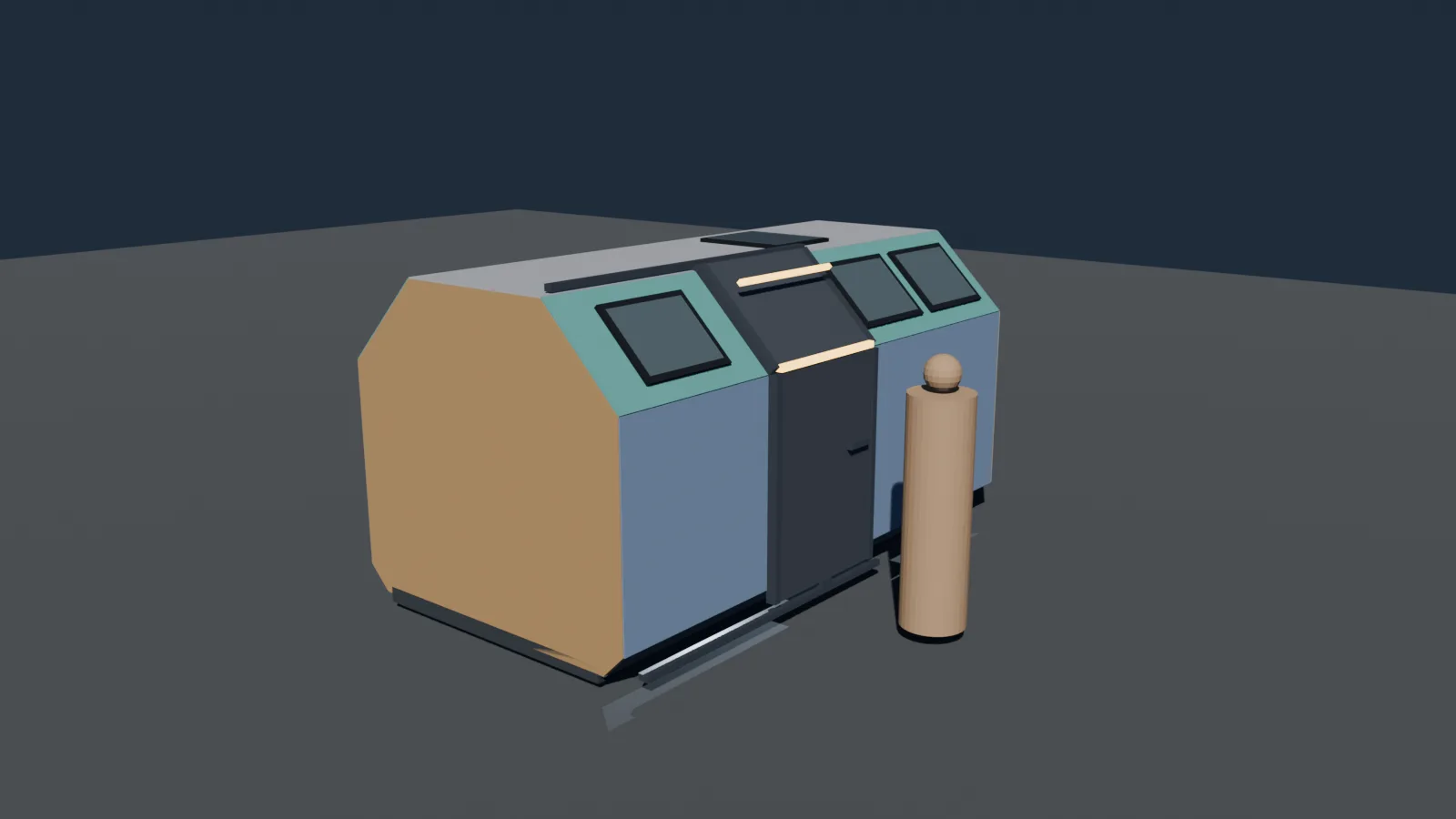 Blender blockout of the Physical ROC ship exterior with chamfered hull panels, side door, and three angled screens on the roof