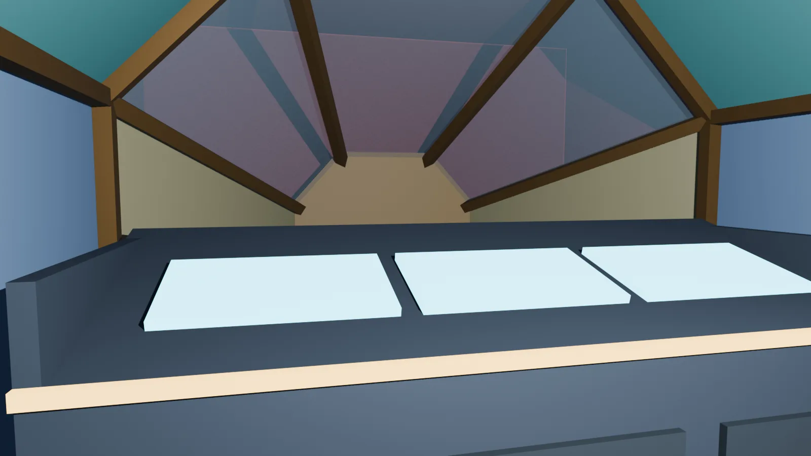 Blender view from the pilot seat looking forward over a three-screen dash toward angled front windows
