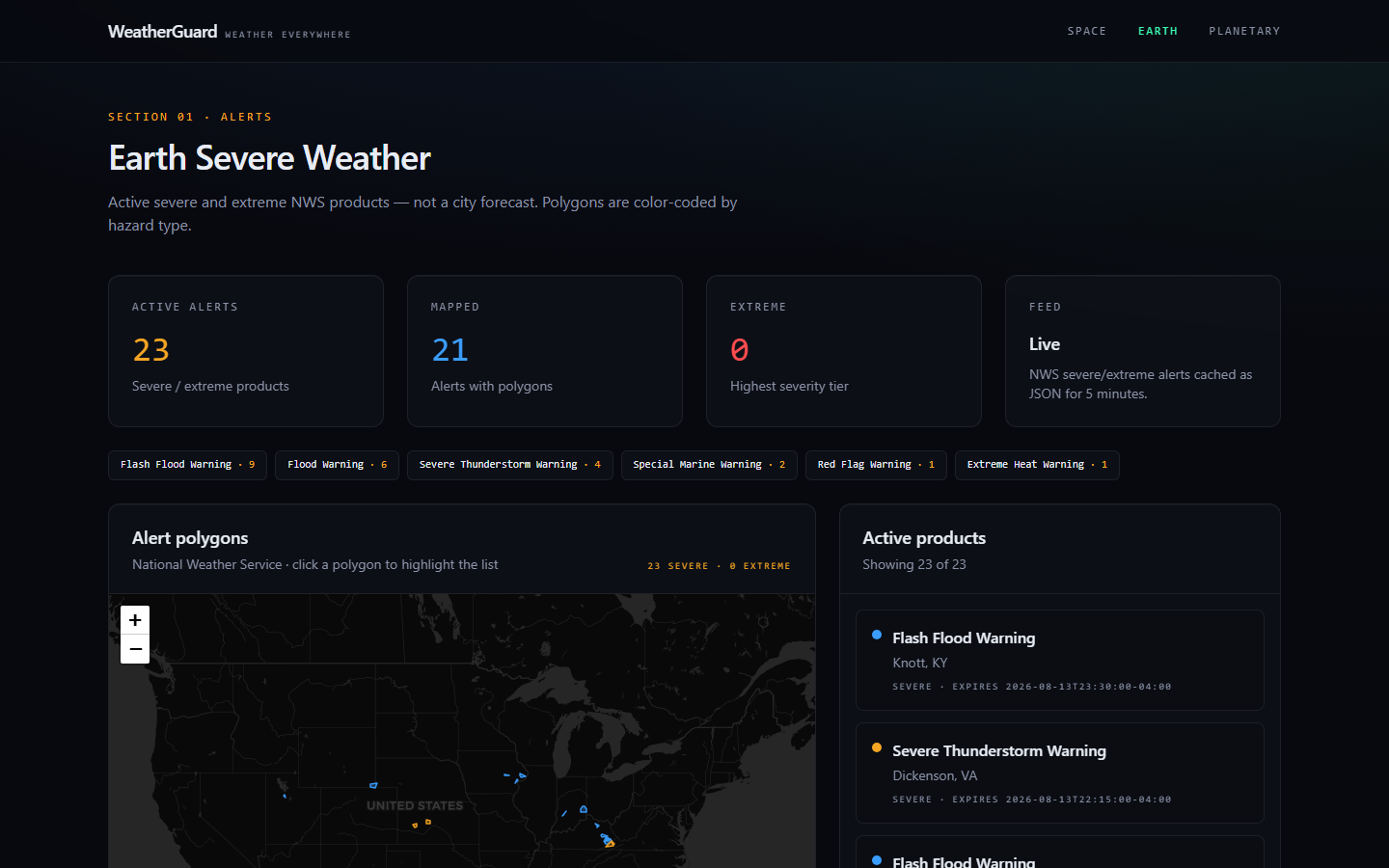 WeatherGuard Earth Severe Weather map with NWS alert polygons