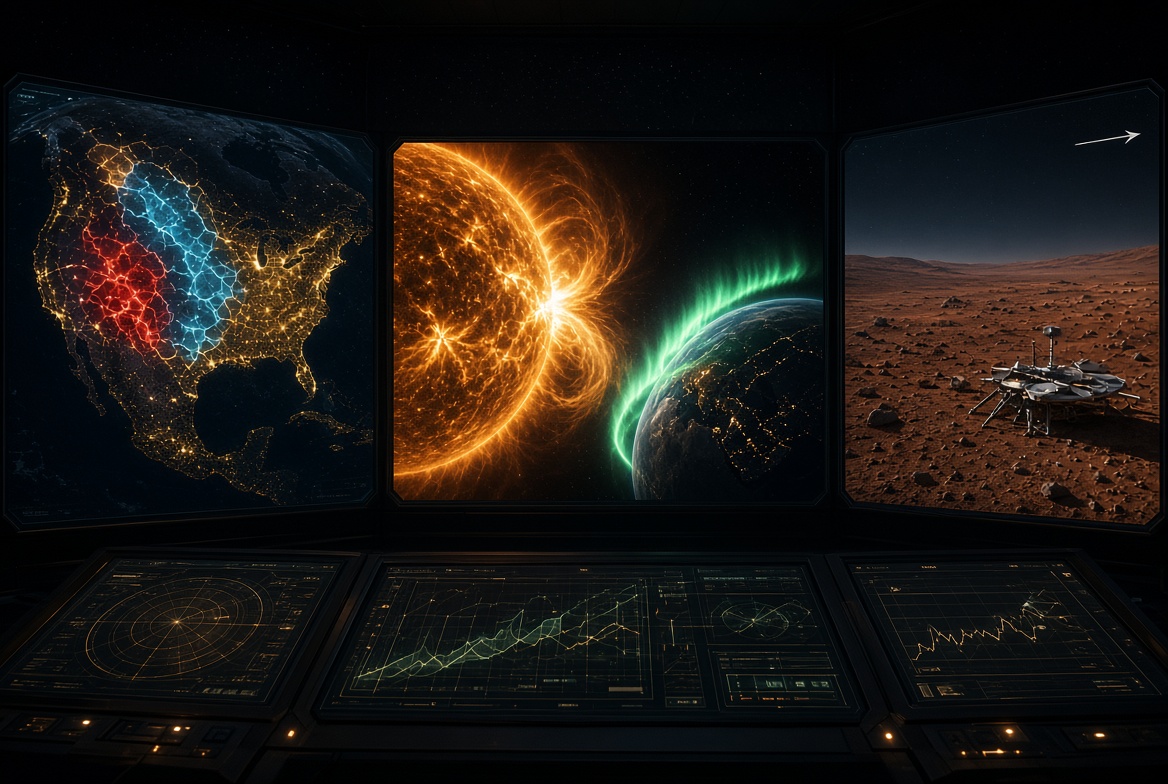 WeatherGuard mission-control hero: Earth storms, solar aurora, Mars lander
